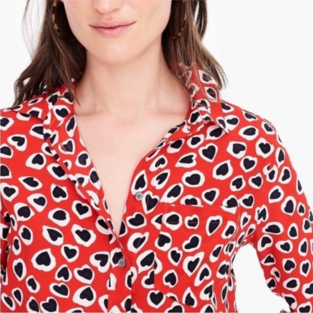 EUC Silk J. Crew Red Heart Print Shirt - sz 10